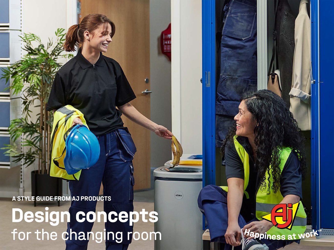 Brochure cover for Design concepts for the changing room from AJ Products. Two women laughing together while getting dressed in safety gear for work. A locker is open behind them.