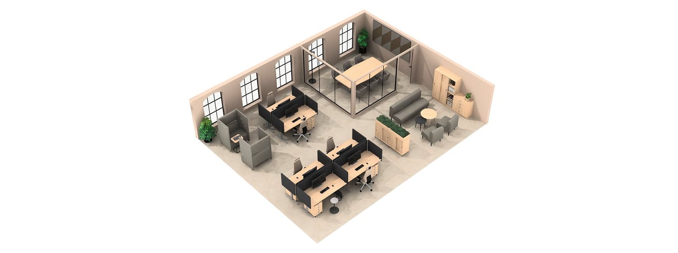 3D office layout with desks, chairs, a conference room, sofa, and plants.