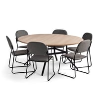 Round wooden table with six gray fabric chairs and black metal frames.