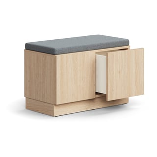 Oppbevaringsbenk QBUS, med grå pute, 2 skuffer, sokkel, push-open, H534 B800 D420 mm, eik, grå pute