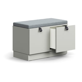 Opbergbank met laden QBUS, onderstel, handgreep, 534x800x420 mm, lichtgrijs, grijs kussen