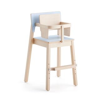 Høy barnestol LOVE med armlener og bøyle, H500 mm, bjørk/blå laminat