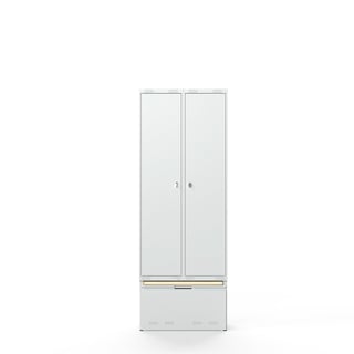 Garderobeskab FORCE, 2 moduler, udtræksskuffe med bænk, 2190x800x550 mm, grå