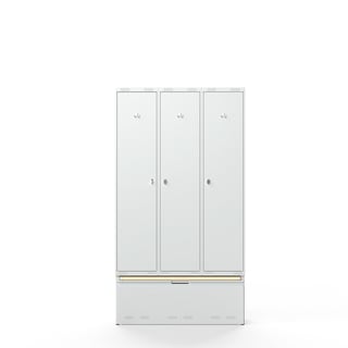 Clothes locker FORCE, 3 modules, pull-out drawer with bench, 2190x1200x550 mm, grey