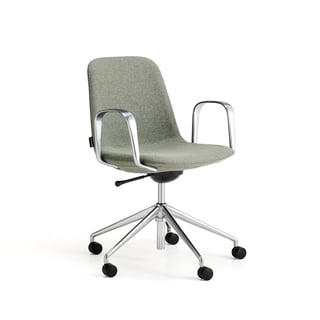 Chair LANGLEY, low seat, wheeled, armrests, brushed aluminum/green grey
