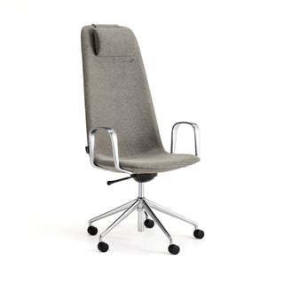 Konferenzstuhl LANGLEY, hohe Rückenlehne, Rollen, Armlehne, gebürstetes Aluminium/Grün-Grau