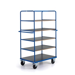 Shelf trolley TRANSFER, 5 shelves, 1200x800x1800 mm, rubber wheels, with brakes
