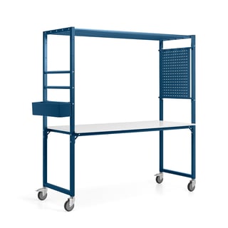 Mobilní multifunkční stůl TEAMWORK, box na příslušenství, perforovaný panel, modrá/whiteboard deska