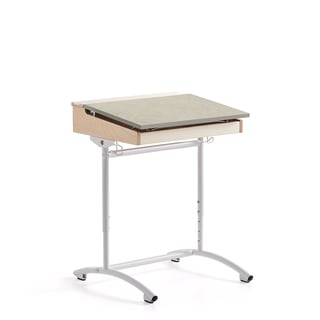Augstumā regulējams skolēnu galds ACCESS, 650x550 mm, balts rāmis, skaņu absorbējošs linolejs, pelēk