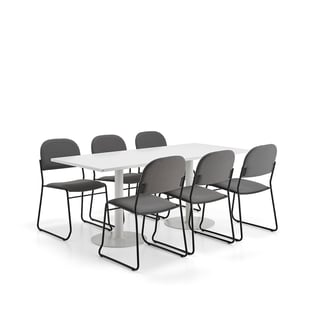 Möbelgrupp VERTICUS + DAWSON, 1 bord + 6 grå stolar