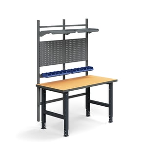 Teollisuuspöytäkokonaisuus TRUST, työkalupaneelit, laatikot + hyllyt, 1500x760 mm, kovalevy