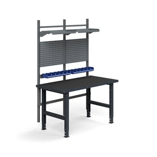 Teollisuuspöytäkokonaisuus TRUST, työkalupaneelit, laatikot + hyllyt, 1500x760 mm, suojamatto