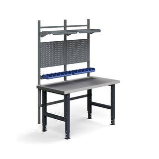 Teollisuuspöytäkokonaisuus TRUST, työkalupaneelit, laatikot + hyllyt, 1500x760 mm, teräs