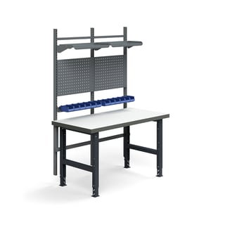 Teollisuuspöytäkokonaisuus TRUST, työkalupaneelit, laatikot + hyllyt, 1500x760 mm, korkeapainelamina