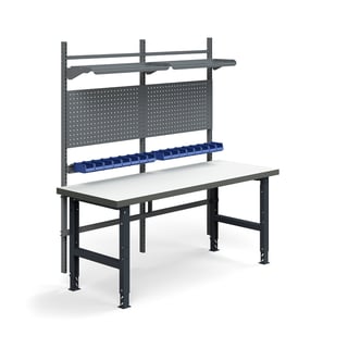 Komplett arbetsbänk TRUST, verktygstavlor, plockbackar, hyllplan, 2000x760 mm, högtryckslaminat