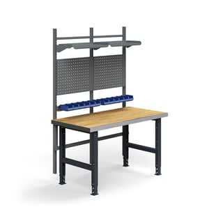 Komplett arbetsbänk TRUST, verktygstavlor, plockbackar, hyllplan, 1500x760 mm, ekparkett