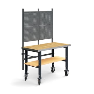 Komplett arbetsbänk TRUST på hjul, verktygstavla, underhylla, 1500x760 mm, ekparkett