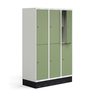 Student locker ROZ, 3 modules, 6 doors, incl. base, 1890x1200x550 mm, pale green