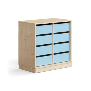 Student storage CASPER, 8 drawers, base frame, birch/sky blue