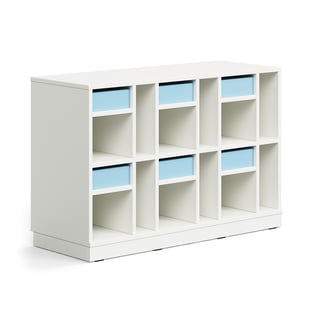 Student storage CASPER, 6 drawers, 12 compartments, base frame, white/sky blue