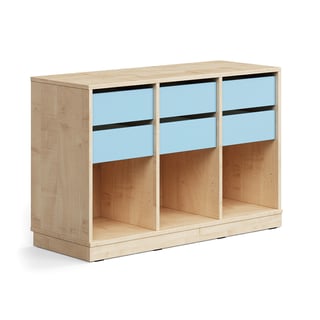 Schüleraufbewahrung CASPER, 6 Schubladen, 3 Fächer, Sockel, Birke/Himmelblau