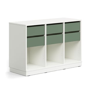 Úložná skrinka CASPER, 6 zásuviek, 3 priehradky, so soklom, biela/tmavozelená