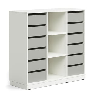 Elevförvaring CASPER, 12 lådor, 3 fack, sockel, vit/grå