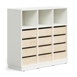 Elevförvaring CASPER, 12 lådor, 3 toppfack, sockel, vit/björk