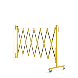 Accordion safety barrier, wheels + wall bracket, black, yellow