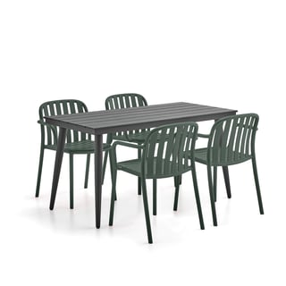 Lauko baldų komplektas VISTA + BELIZE, 1 stalas ir 4 kėdės su porankiais, tamsiai žalia