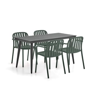 Möbelgrupp VISTA + BELIZE, 1st rektangulärt bord och 4 stolar med armstöd, mörkgrön