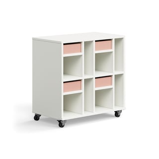 Elevförvaring CASPER, 4 lådor, 8 fack, hjul, vit, mörkrosa