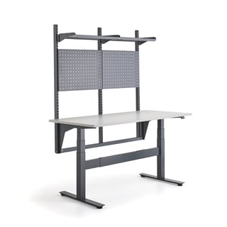 Komplett höj- och sänkbart arbetsbord BASE, 200 kg, 1600x760 mm, verktygstavla och hyllplan