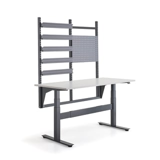 Komplett höj- och sänkbart arbetsbord BASE, 200 kg, 1600x760 mm, verktygstavla och backskenor