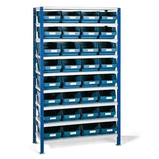 Shelving for small parts REACH + MIX, 1740x1065x400 mm, 32 blue bins