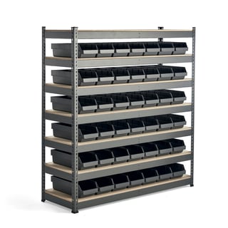 Widespan shelving REACH + COMBO with 42 grey bins