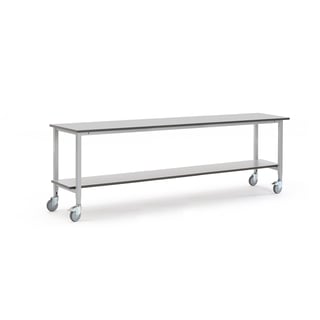 Arbeidsbord MOTION på hjul, med hylle, L2500 B600 H800–1200 mm, grå