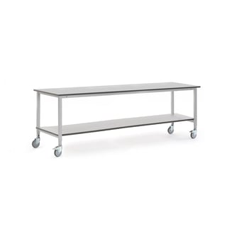 Arbejdsbord MOTION på hjul, 2500x800 mm, inkl. underhylde, grå