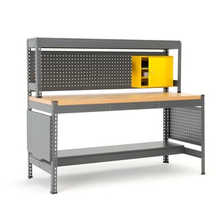 Werkbank COMBO mit Werkzeugpanel, Beleuchtung und Schrank gelb, Parkett Eiche