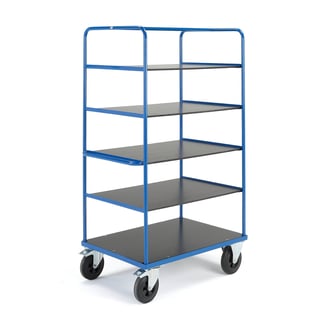 Shelf trolley TRANSFER, 5 shelves, 1000x700x1800 mm, rubber wheels, with brakes