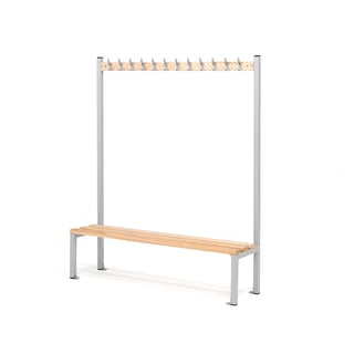 Bench + hook rail ELITE, 12 hooks, 1500x400x1800 mm, grey