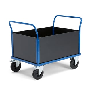 Platforminis vežimėlis TRANSFER, aukšti mediniai rėmai, 1000x700mm, 500kg, guminiai ratai, su stabdž
