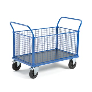 Platforminis vežimėlis TRANSFER, 4 grotuoti rėmai, 1200x800mm, 500kg, guminiai ratai, su stabdžiais