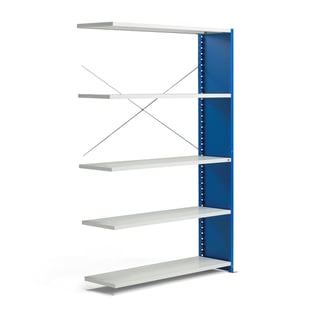 Hyllställ MIX, påbyggnadssektion, 2100x1305x600 mm, täckt gavel, blå, ljusgrå hyllplan