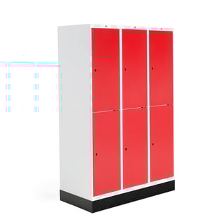 Elevskåp ROZ, 3 sektioner, 6 fack, inkl. sockel, 1890x1200x550 mm, röd