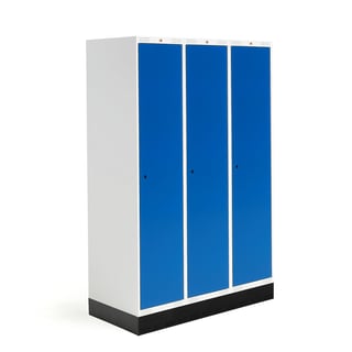 Student locker ROZ, 3 modules, 3 doors, 1890x1200x550 mm, blue, incl. base