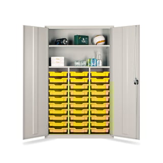 Teacher's tray storage cupboard, 1830x1120x457 mm, grey, with 30 yellow trays