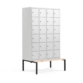 Šatňová skrinka CLASSIC, s lavičkou, 4 sekcie, 24 priehradiek, 2120x1200x550 mm, šedá