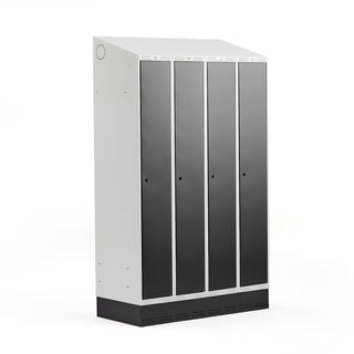 Omklædningsskab CLASSIC, skråt tag, sokkel, 4 sektioner, 2050x1200x550 mm, sort