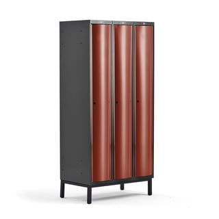 Clothes locker CURVE, leg frame, 3 x 1 doors, 1940x900x550 mm, red